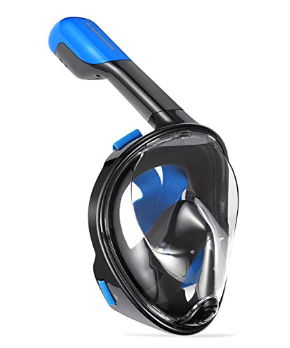 Octobermoon Second Gerneration 180°Full view Panoramic full face Snorkel Mask,with anti-fog anti-leak snorkeling Design,See More water world With Larger Viewing Area (Black, Small/Medium)